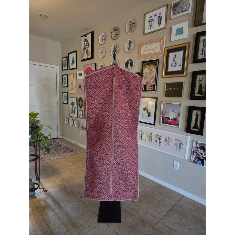 Vintage 80s Red Gold Tapestry Garment Bag Woven Damask Folding Travel Bag
